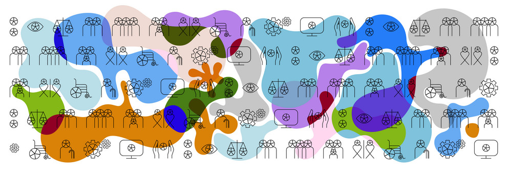 Ein sich wiederholendes Muster aus verschiedenen Symbolen, wie Menschengruppen, Menschen mit Behinderungen, Waagen, Computerbildschirme und Zahnräder, vor einem abstrakten Design mit sich überlappenden, fließenden Formen in verschiedenen Farben.